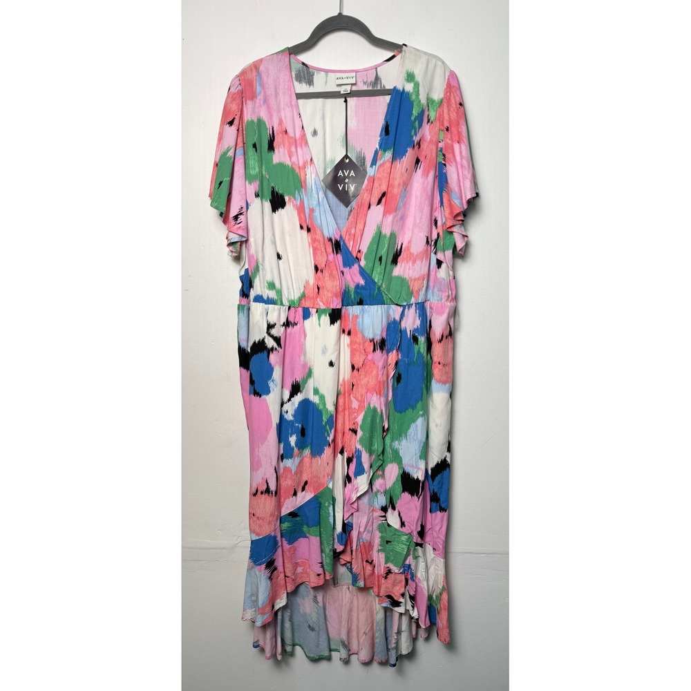 Ava & Viv Pink Abstract Floral Faux Wrap High-Low Dress Plus Size 3X New W/ Tags